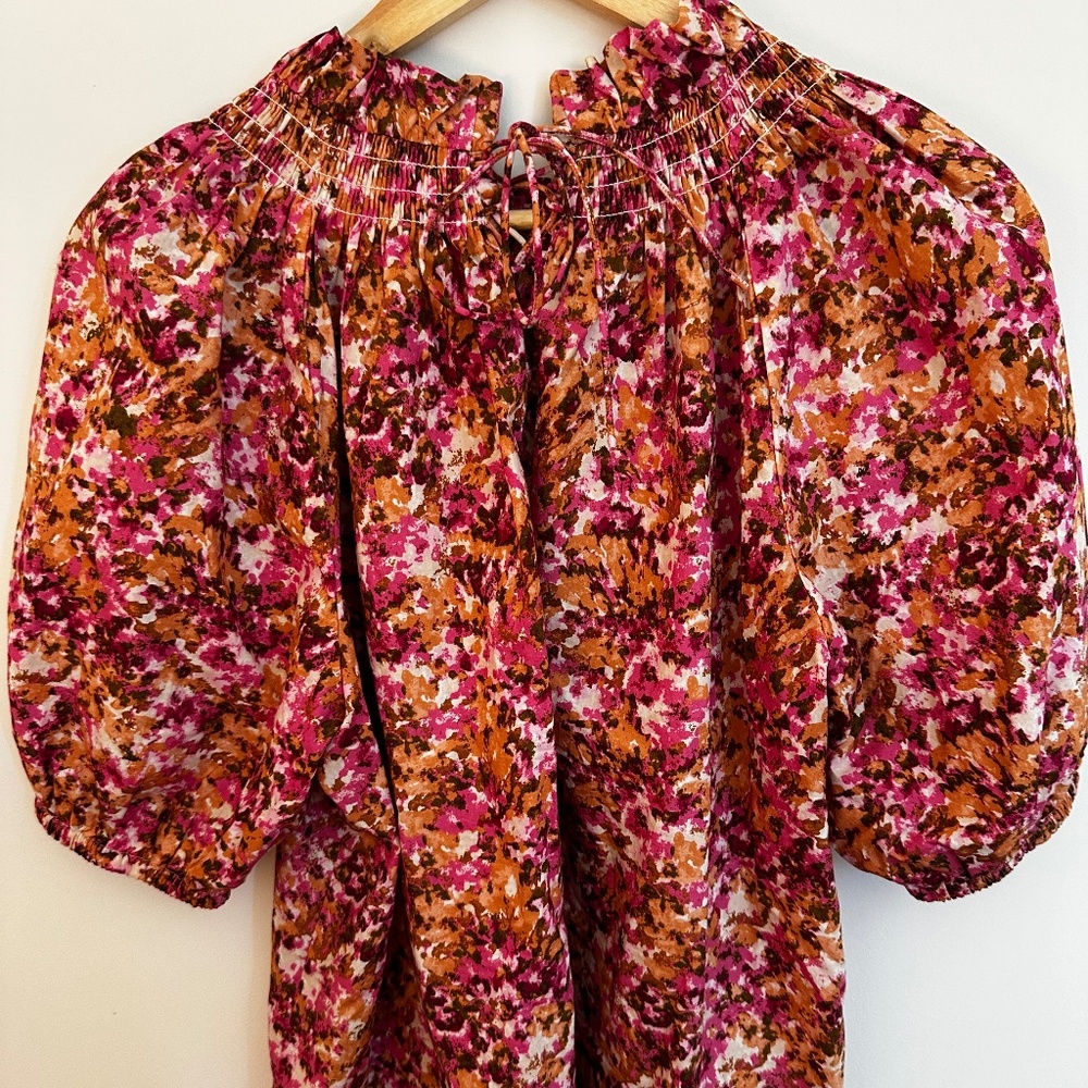 J. Crew Smocked Neck Puff-Sleeve Top in multi Floral, size M